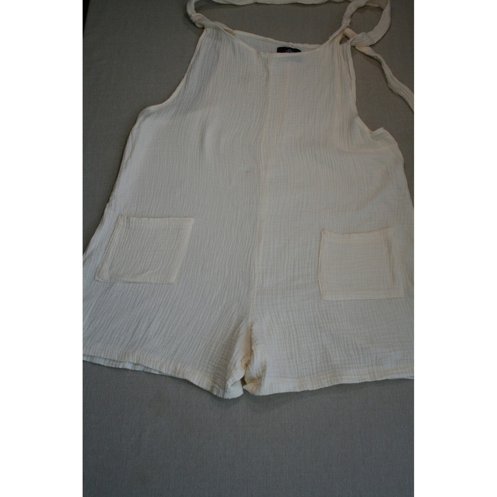 Sweetkama Womens Cream Cotton Gauze Tie Shoulder Pocket Romper Jumpsuit Large